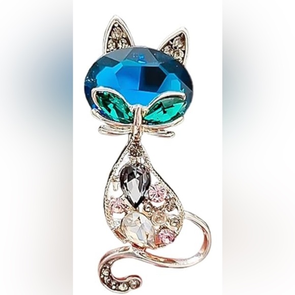 Elegant Blue and Green Cat Brooch - Picture 1 of 1